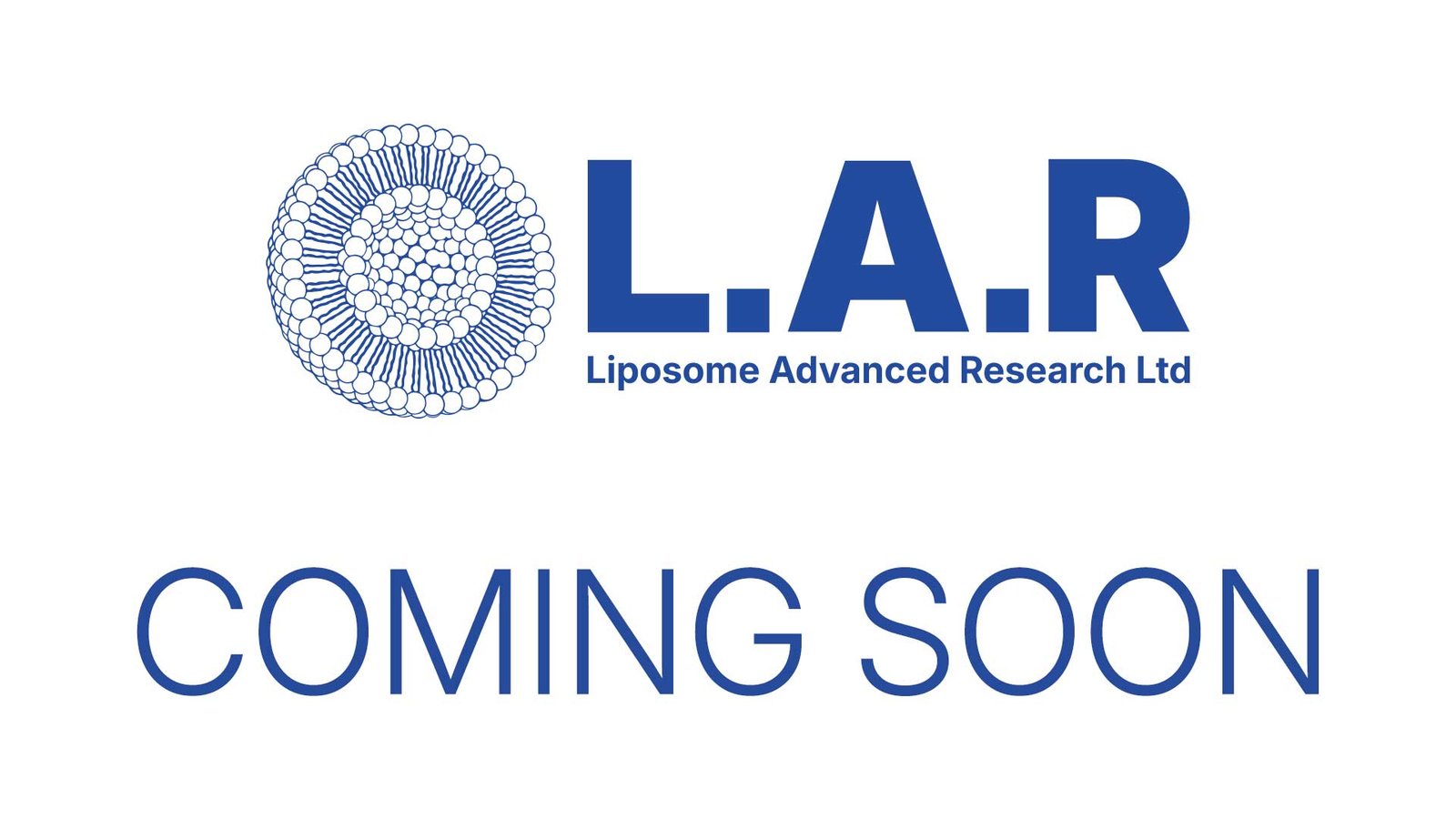 Logo L.A.R Liposome Advanced Research Ltd with stylized liposome graphic and text “COMING SOON” above contact email info@larliposome.com.